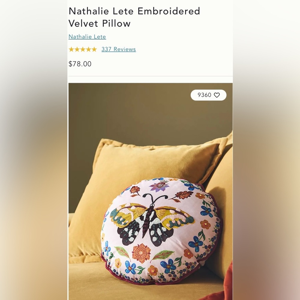 Anthropologie Nathalie Lete Embroidered Butterfly Velvet Pillow